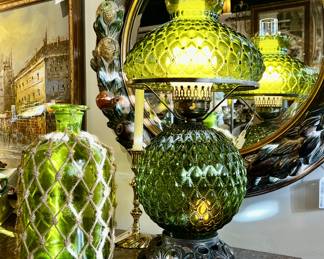 Green glass, hurricane style lamp, Ballard Designs decorative glass jar