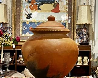 Large vintage lidded clay vessel 