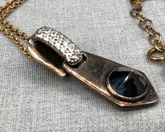 Gold Plated Sterling Silver Zipper Pull Rhinestone Studded Pendant