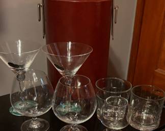 Mid-Century leather Ice Bucket- Martini and Cognac Glasses