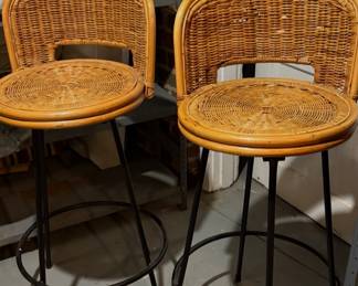Vintage 1960s Danny Ho Fong Style Wicker Bamboo Rattan Wrought Iron Swivel Bar Stools Set Of 2 Mid Century Boho