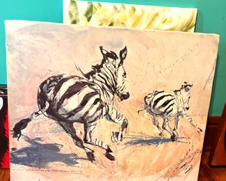 GALLOPING ZEBRAS VINTAGE OIL ON CANVAS PAINTING ARTIST TUG