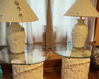 Two Postmodern Round Tessellated Mactan Stone Side Table and Lamps.