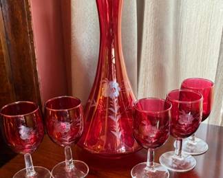 Vintage Red Decanter Set, Glass Red Overlay, Etched Flowers (5 Glasses)