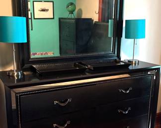 Black Crocodile Embossed Dresser and two side lamps