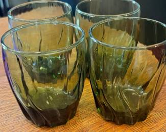 4- Vintage Anchor Hocking Central Park Ivy Green Swirl Lowball Juice Glasses