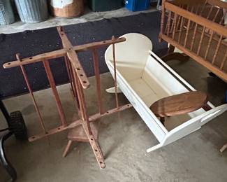 Antique primitive flax wheel & vintage cradle