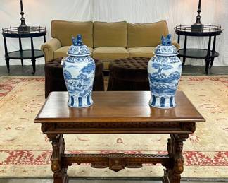 Nail Head Trimmed Sofa & Pair of Tufted Ottomans