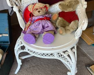 Antique White Wicker Arm Chair, Vintage Red Hat Bear, and Gunn Winnie the Pooh