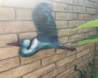 Whimsical Blue Herron Painted Metal and Wood Wall Scuplture