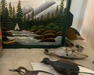 Hunting Lodge Oil Painting and Metal Decoys