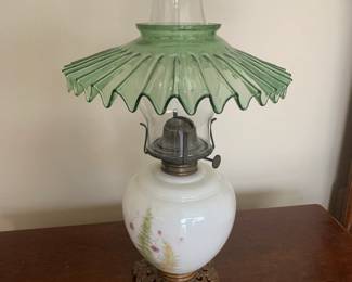 Antique Milk Glass Oil Lamp with Fan Shade