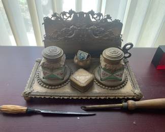 Antique Cast Brass Double Leaded Glass Inkwell and Letter Holder