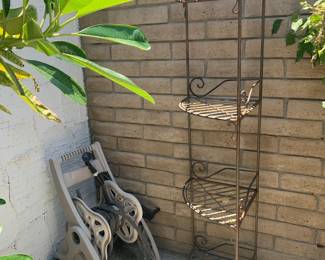 Wrought Iron and Brass Corner Backer’s Rack, Portable Rollup Hose Reel