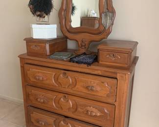 1920s Solid Wood Ornate Dresser with Wishbone Mirror