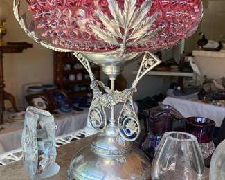 Victorian Cranberry Cut Glass Pedestal Compote