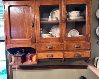 #47 - $250 - Primitive American wall Mounted Oak Kitchen Cabinet w/ 4 Drawers, 2 glass doors & 1 cabinet door