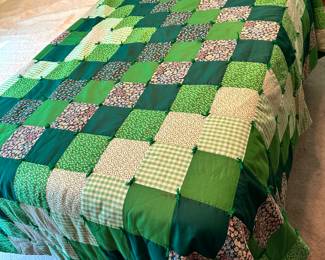 #75 - $60 - Green home made quilt queen size