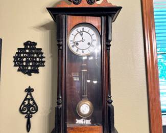 #43 - $200 - Ebony & Wood Regular Wall Clock w/ Eagle 39 X 11/ 1/2 X 5