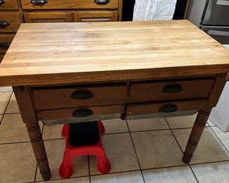 #45 - $400 - Butcher Block top Island w/ Antique Grain Drawers 31H X 43W X 25D