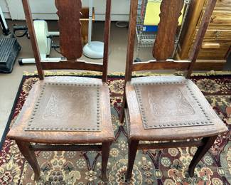 #14 - $100 - 2 Tiger Oak Chairs w/ Leather seats 38H X 18W X17D