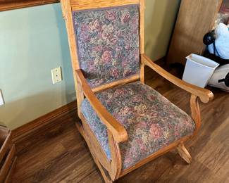 #17 - $90 - Oak Rocking Chair w/ Upholstered Seat & Back 24W X 39H X 27D