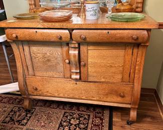 #42 - $600 - Oak Sideboard with Mirrored Back on Casters 59H X 49W X 24D