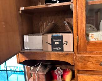 #47 - $250 - Primitive American wall Mounted Oak Kitchen Cabinet w/ 4 Drawers, 2 glass doors & 1 cabinet door
