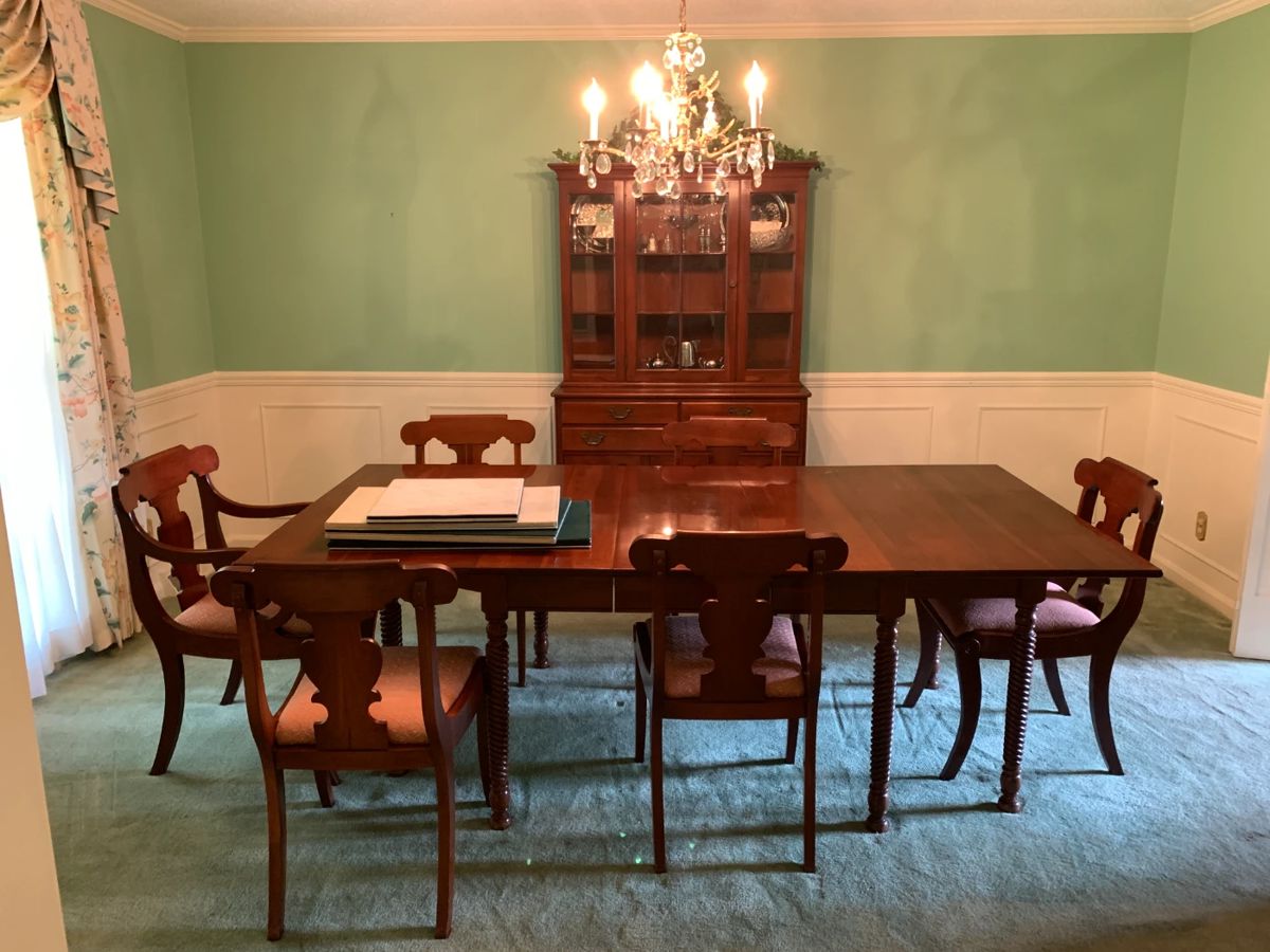#1 Jefferson furniture barley twist leg gate leg dining table with 1 leaf and 6 chairs 26-87x44x28 $225.00
#2 Willet China cabinet with 2 drawers, 1 glass door, 2 wood doors 2 piece 44x20x72 $150.00 SOLD