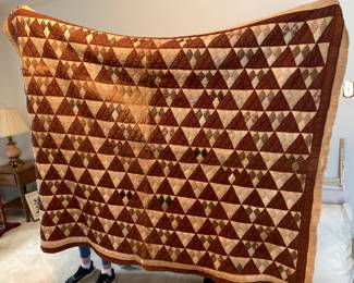 #70 Brown/Cream Triangle Hand-Quilted Quilt (has stains, sun damage and torn edges) - 80x60 $35.00