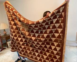 #70 Brown/Cream Triangle Hand-Quilted Quilt (has stains, sun damage and torn edges) - 80x60 $35.00