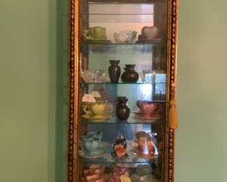 #4 gold wall display cabinet with 5 glass shelves 1 glass door 14x9x31 $100.00