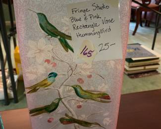 #165 Fringe Studio Blue & Pink Rectangle Vase Hummingbird $25.00