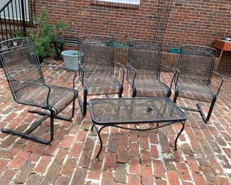 #91 Set of 4 Black Wrought Iron Bouncy Chairs w/wrought iron Coffee Table $125.00