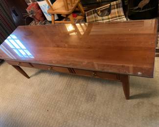 #80 Mid-Century Style Wood Coffee w/glass protect top - 56x19x17 $75.00