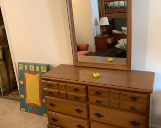 #17 maple laminate top dresser with mirror and 6 drawers 46x17x31 mirr28x40 $75.00