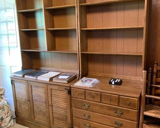 #75 Ethan Allen Bookcase w/3 wood shelves & 3 Drawers - 30x18x77 $75.00
#76 Ethan Allen Bookcase w/2 wood Doors w/pull-out tray and3 drawers & Cubbies on Bottom w/6 shelves - 40x19x77 $120.00