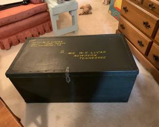 #19 wood army trunk 35x18x15 $30.00