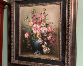 #44 Wood Framed Silver Original Oil Painting of Flowers - signed - 28x32 $100.00