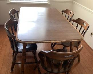 #11 laminate top dining table with 2 leaf and 6 chairs 48.25-71.75x36x29 as is top $75.00