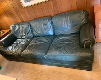 #89 Hancock & Moore Green Leather Sofa (as is condition) - Cushions are velcroid on w/nail head trim - 86" Long $75.00
