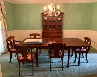 #1 Jefferson furniture barley twist leg gate leg dining table with 1 leaf and 6 chairs 26-87x44x28 $225.00
#2 Willet China cabinet with 2 drawers, 1 glass door, 2 wood doors 2 piece 44x20x72 $150.00 SOLD