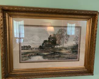 #28 gold framed print of farm with goose and sheep 43x35 $75.00