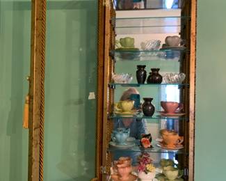 #4 gold wall display cabinet with 5 glass shelves 1 glass door 14x9x31 $100.00