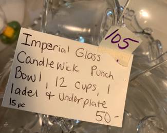 #105 Imperial Candlewick Glass Punch Bowl w/underplate and 12 cups w/Glass Ladle $50.00