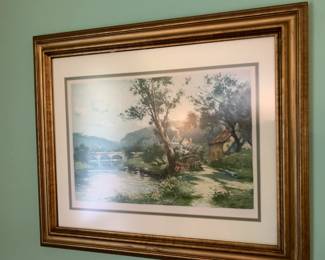 #42 Wood Gold Framed Print of Bridge over Water and house - signed - 27x23 $75.00