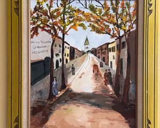 Nice original painting town with fall leaves.