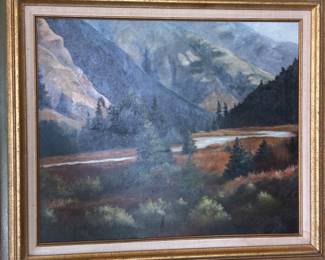 Mountain and stream painting framed.