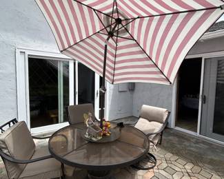 Patio set with 4 Chairs, Umbrella, Stand and Lazy Susan. Smoked Glass