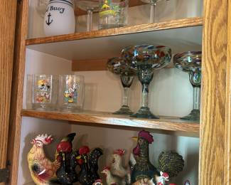 Roosters! Ceramic, Salt Pepper, Figurines and other vintage glassware. Handblown Margarita Glasses, Disney